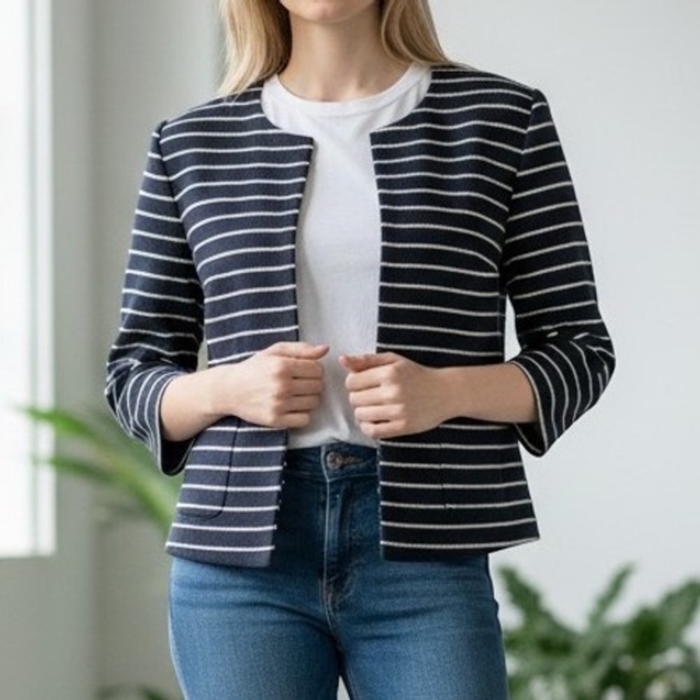 Talbots Womens Navy Blue White Striped Open Front Blazer Size 4 Coastal Grandma